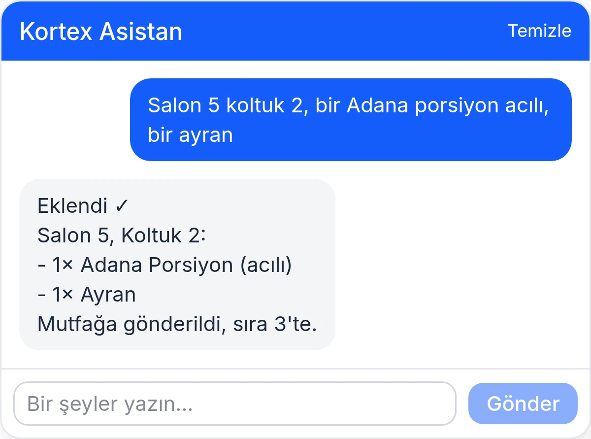 Asistan: garson siparişi yazdırıyor