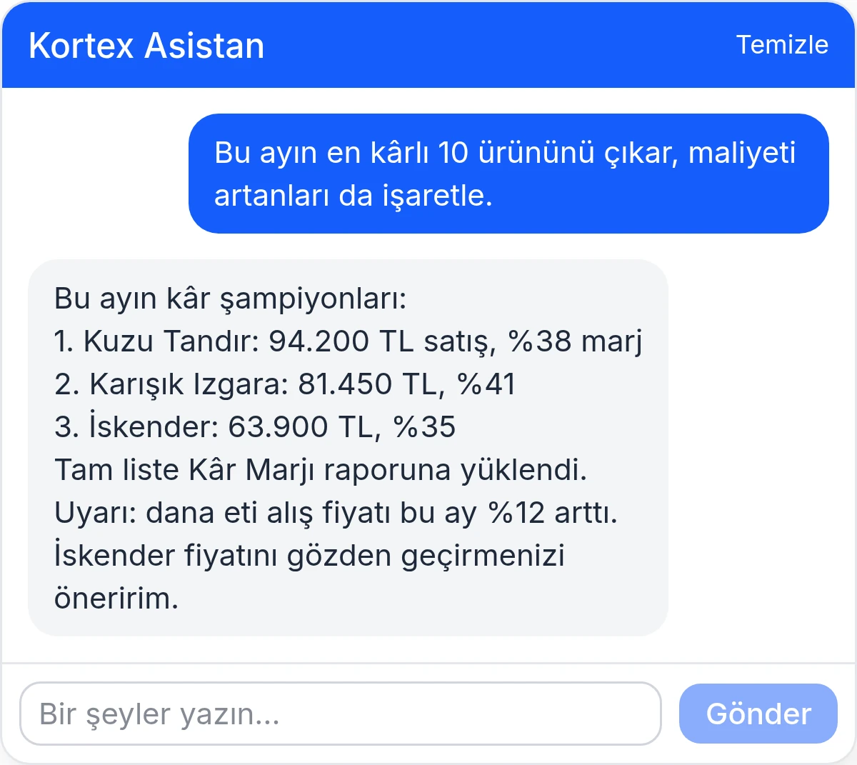 Kortex Asistan: en kârlı ürünler raporu ve maliyet uyarısı