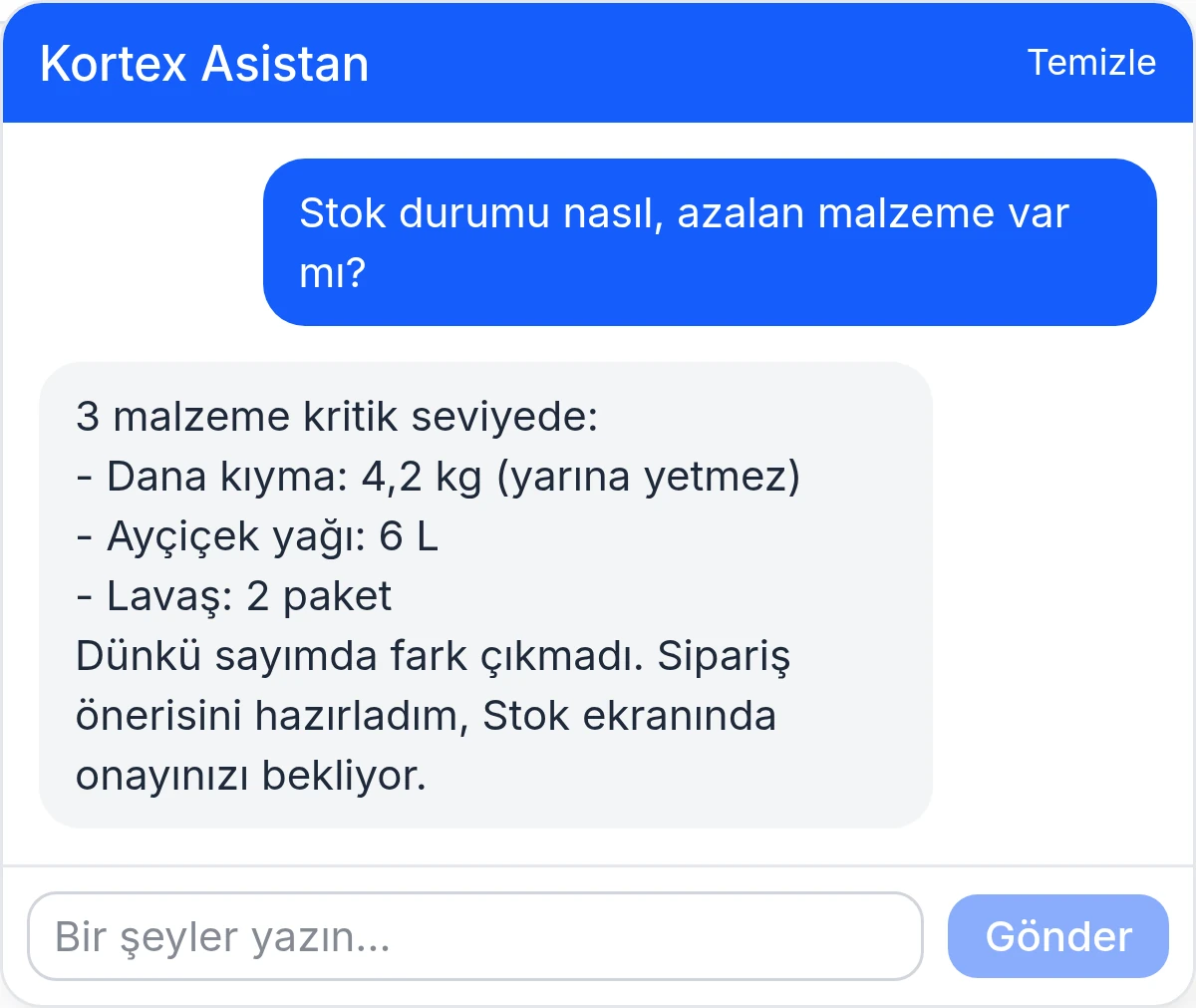 Asistan: kritik stok listesi ve sipariş önerisi